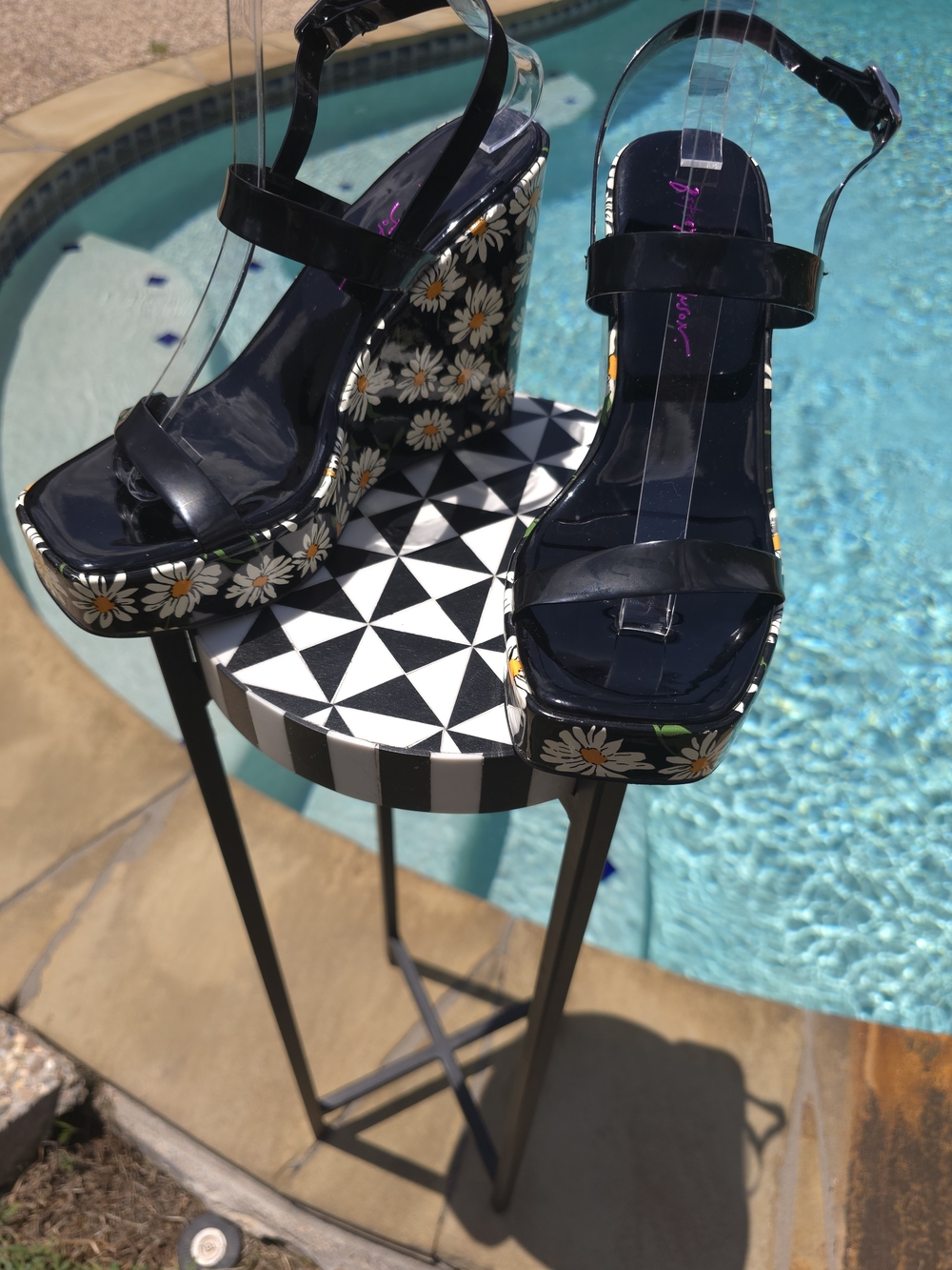 Betsey Johnson Black Patent Daisy Platform Wedge Sandals